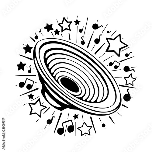 Audio loud speaker, stars, music notes and waves isolated on white background. Hand drawn music concept. Part of set. 