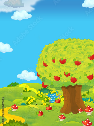 cartoon scene with farm fields by the day and apple trees - illustration for children