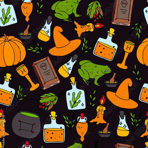 Magic halloween seamless. Background with objects for ritual. Potion pattern. photo