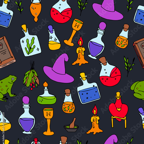 Halloween color magic seamless. Background with objects for ritual. Potion pattern. photo