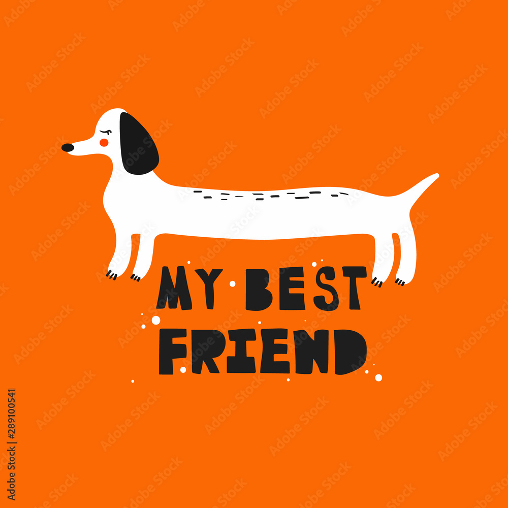 Illustration with dachshund and english text, poster design. Colorful  background vector. My best friend, funny concept. Cartoon wallpaper. Hand  drawn backdrop Stock Vector | Adobe Stock
