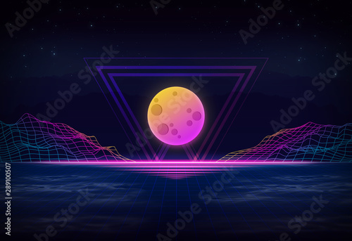 80s Retro Sci-Fi Background. Futuristic Landscape 1980s Style. Digital Retro Landscape Cyber Surface.