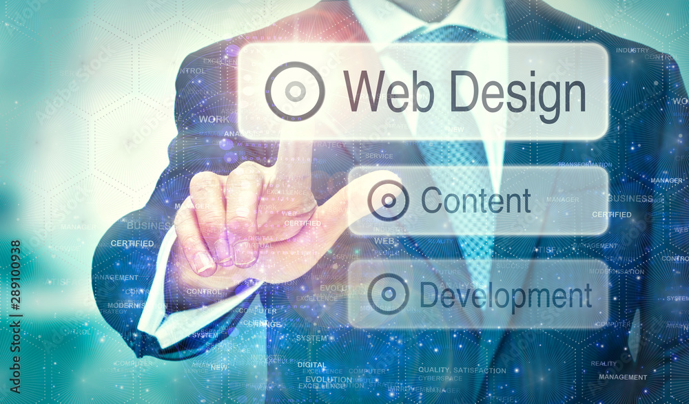 A businessman selecting a Web Design button on a futuristic display with a concept written on it. A businessman selecting a Web Design button on a futuristic display with a concept written on it.