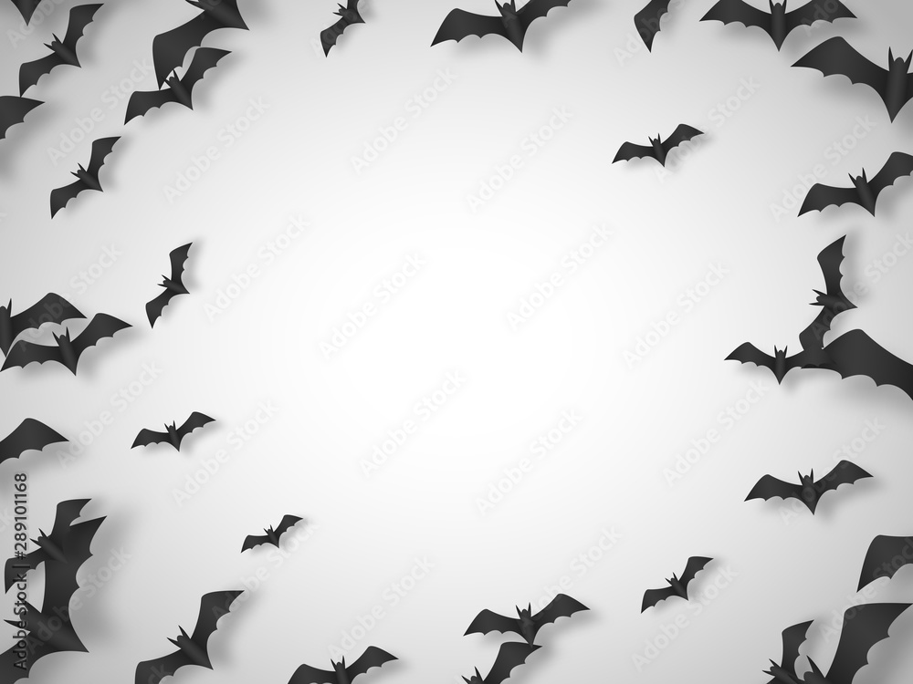 Halloween grey background with flying paper cut bats. Top view, place for text. Vector illustration. Halloween grey background with flying paper cut bats. Top view, place for text. Vector illustration.