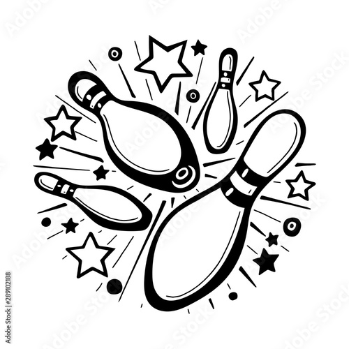 Bowling. Hand drawn bowling strike illustration. Bowling pins sketch isolated on white background.