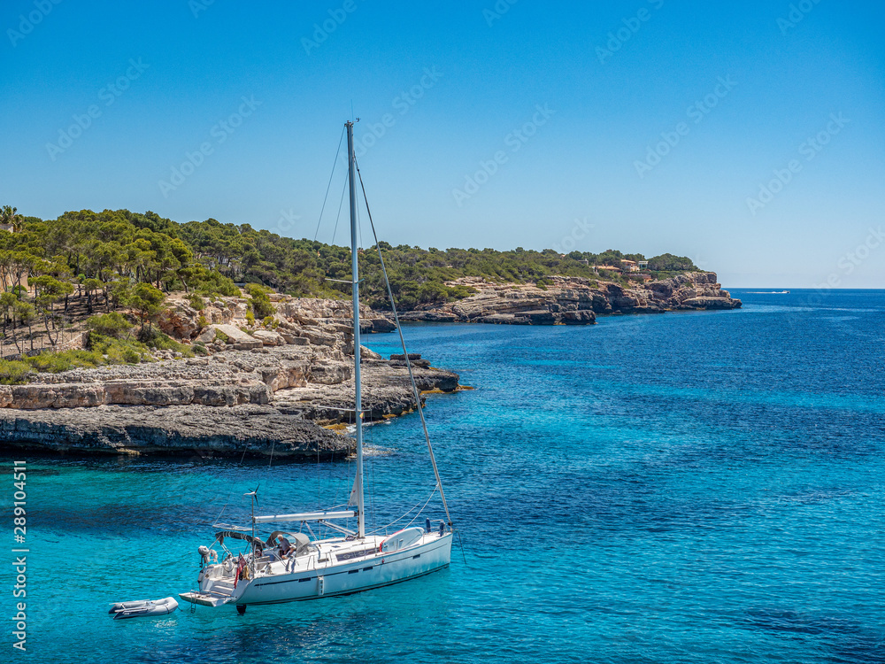 Mondragó Natural Park Mallorca Spain June 1 2019ocean going yacht sailing out into the mediterranean