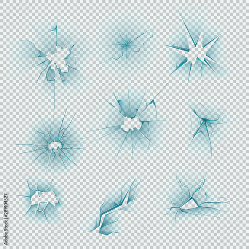 Broken differents shape glass crack window front door cracked glass after an accident, vandalism, bullet destruction. Vector illustration on transparent background