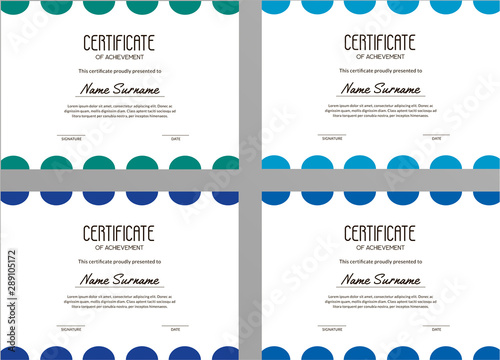 Set of clean certificate templates with colorful circles. Vector A4 certificates of achievement