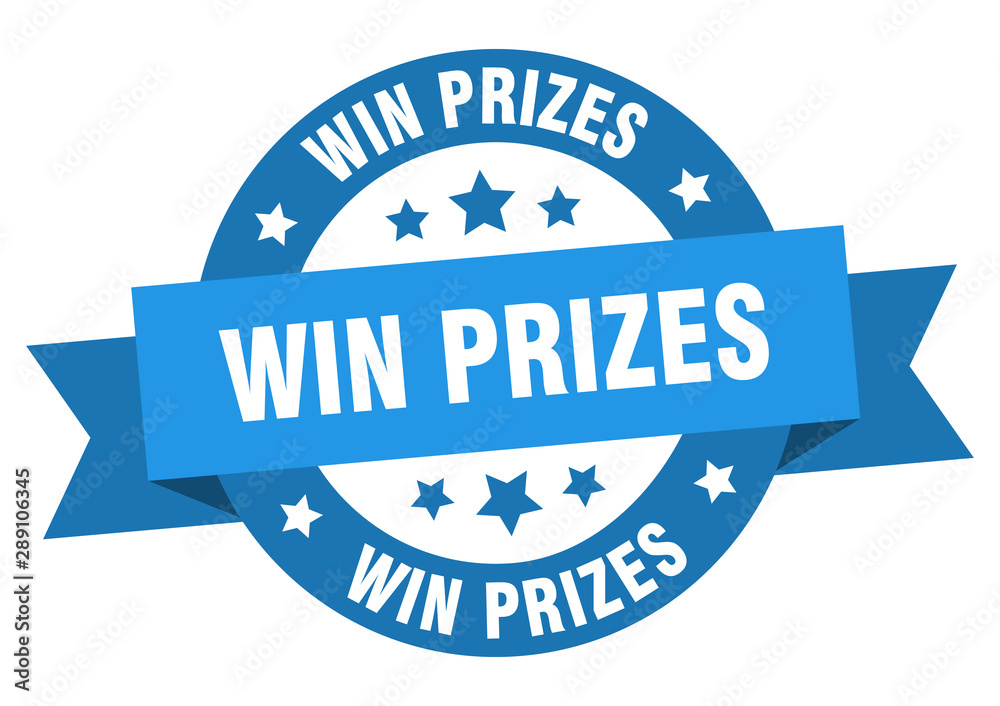 win prizes ribbon. win prizes round blue sign. win prizes