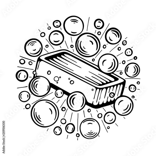 Soap. Soap and foam hand drawn vector illustration. Cleanliness and hygiene concept graphic.