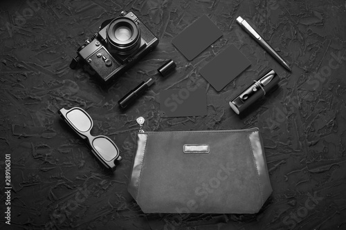 Paparazzi concept. Objects of a woman journalist.