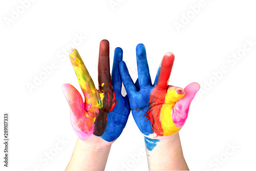 showing her colorful hands and painted in kids colorful white background