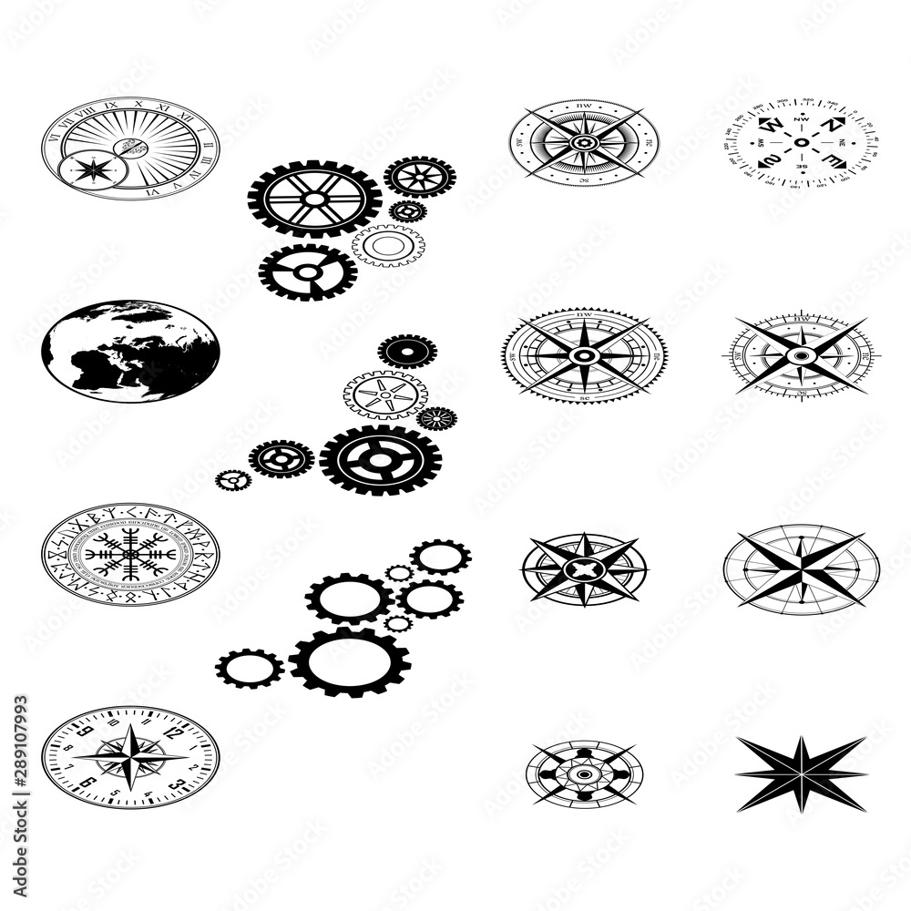 Fototapeta premium Set of different black design symbols silhouettes isolated on white background