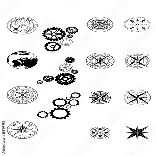 Set of different black design symbols silhouettes isolated on white background