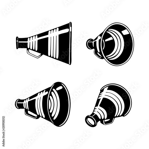 Vintage megaphone hand drawing. Retro megaphone realistic illustrations set. Sketch drawing loudspeakers vector symbols. Part of set.