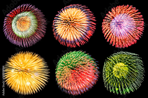 Photography Set of colorful fireworks isolated on dark background.