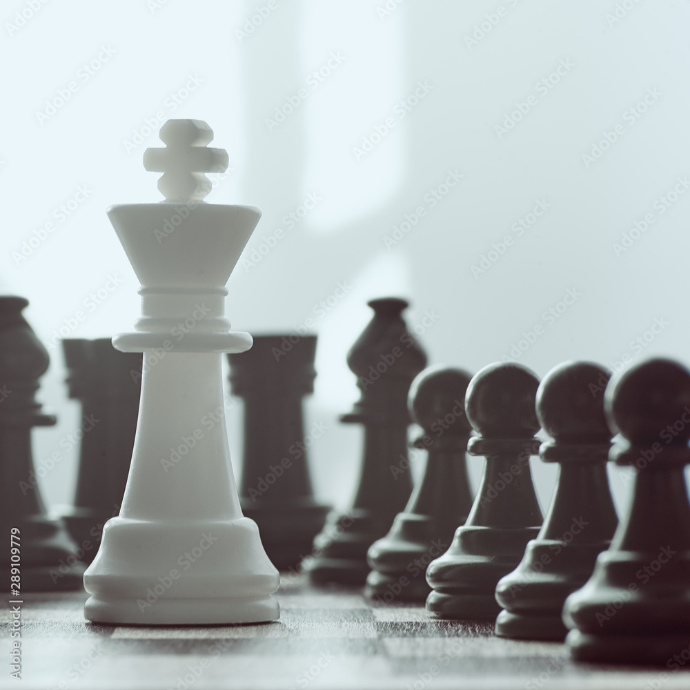 Single white king against many enemies as a symbol of difficult unequal fight or struggle of minorities. The concept is one against all. Single white king against many enemies as a symbol of difficult unequal fight or struggle of minorities. The concept is one against all.