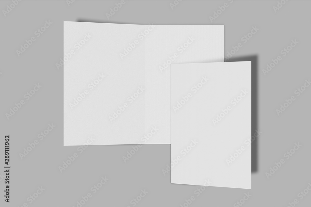 Two Mockup vertical booklet, brochure, invitation isolated on a grey background with hard cover and realistic shadow. 3D rendering. Two Mockup vertical booklet, brochure, invitation isolated on a grey background with hard cover and realistic shadow. 3D rendering.