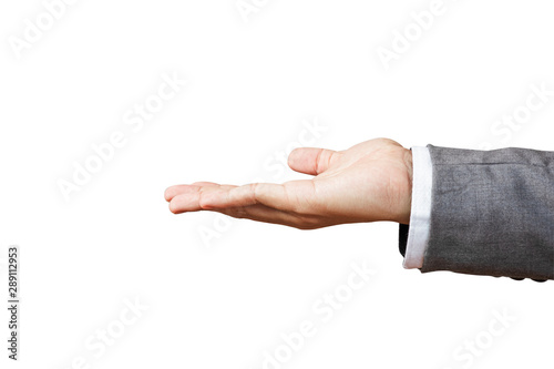 Fotografie Businessman give hand hold out or palm open for take something  on white background