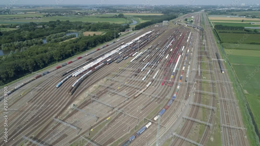 Branches of the railway at the marshalling yard, a lot of freight wagons from the height Branches of the railway at the marshalling yard, a lot of freight wagons from the height