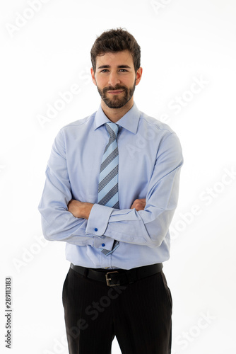 Attractive confident happy and successful young businessman corporate executive isolated in white