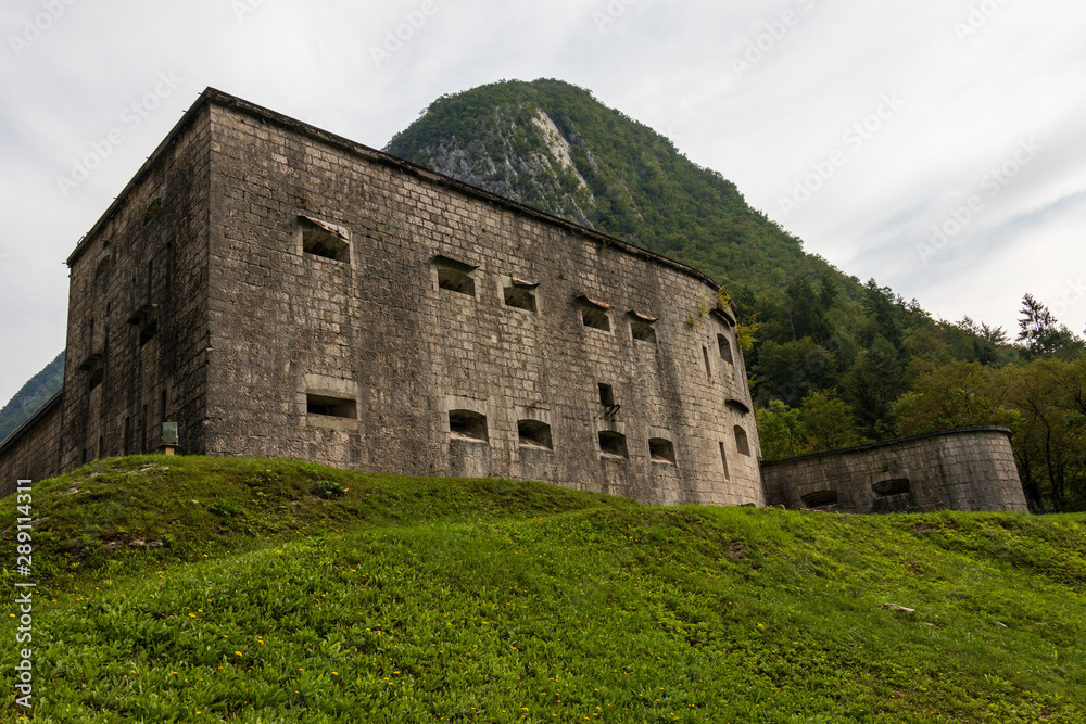 Panorama of Fortress Wall, Fort Kluze, german: Flitscher Klause. Fortification for World War during Isonzo Front. Bovec, Gorizia, Slovenia.
