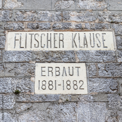Letters on Entrance Wall with Name and Building Date of Fortress, Fort Kluze, german: Flitscher Klause. Bovec, Gorizia, Slovenia. Europe © unununius