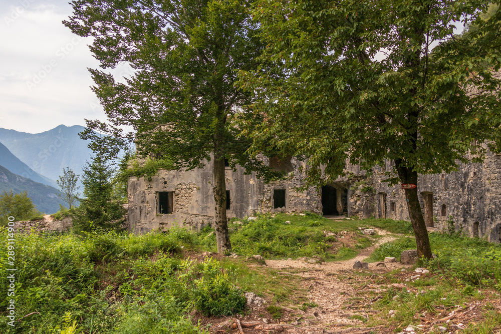 Panorama of Fort Hermann. Crumbling World War I Fortress near Mount Rombon. Bovec, Gorizia, Slovenia. Europe. Panorama of Fort Hermann. Crumbling World War I Fortress near Mount Rombon. Bovec, Gorizia, Slovenia. Europe.