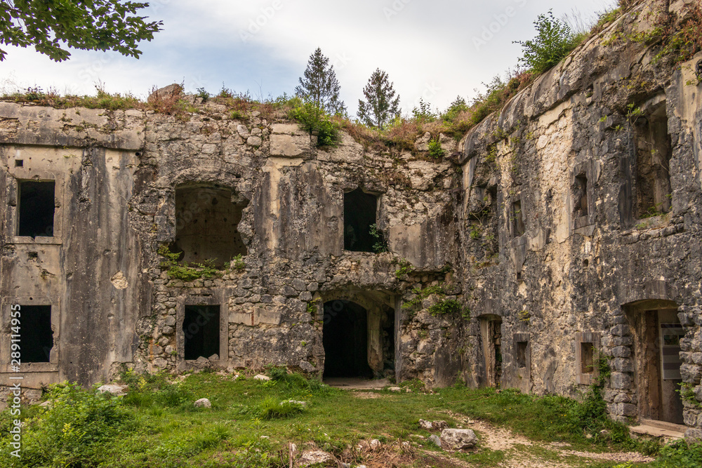 Entrance of Fort Hermann. Crumbling World War I Fortress near Mount Rombon. Bovec, Gorizia, Slovenia. Europe.