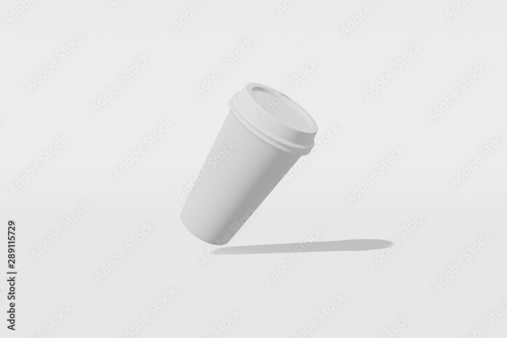 Paper cup mockup with a lid flies on a white background. 3D rendering Paper cup mockup with a lid flies on a white background. 3D rendering