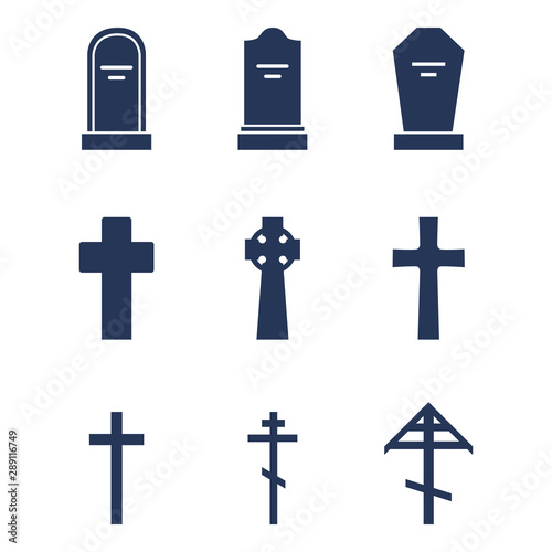 Vector Set of Cemetery Icons. Headstones, Gravestones, Tombstones and Crosses.