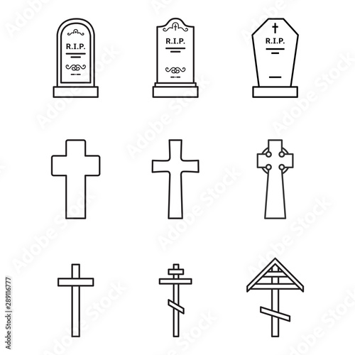 Vector Set of Cemetery Icons. Headstones, Gravestones, Tombstones and Crosses.
