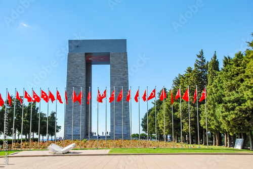 The Canakkale Martyrs Memorial with Turkish flags, Gallipoli, Turkey