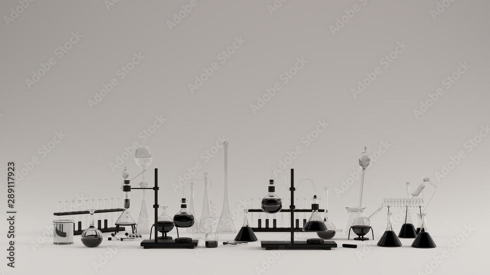 Fototapeta premium Glass Lab Equipment with Black Liquids 3d Illustration 3d render