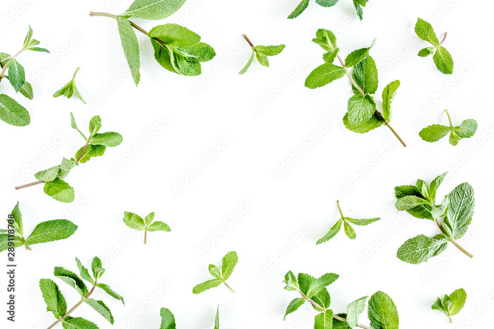 Frame from мint branchs and leaves isolated on white background. Set of peppermint. Mint Pattern. Flat lay. Top view. - obrazy, fototapety, plakaty 