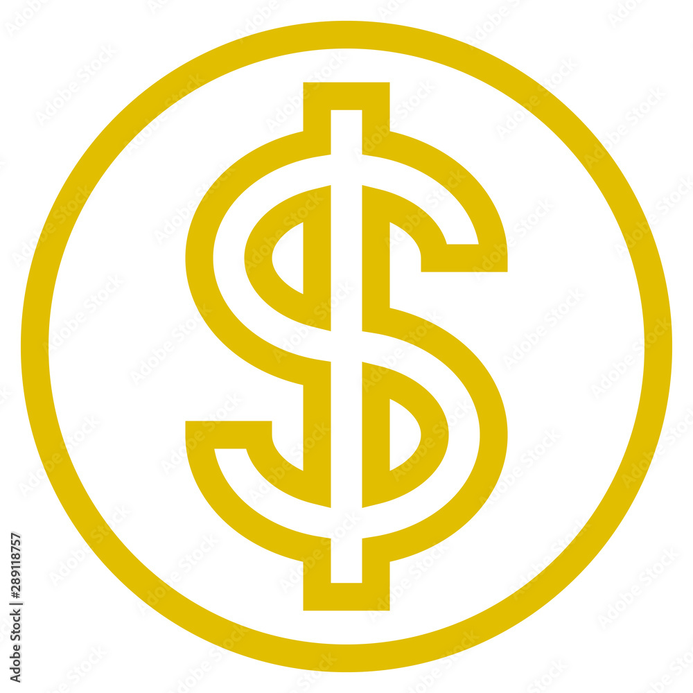 Dollar currency sign symbol - golden simple outline inside of circle, isolated - vector Dollar currency sign symbol - golden simple outline inside of circle, isolated - vector