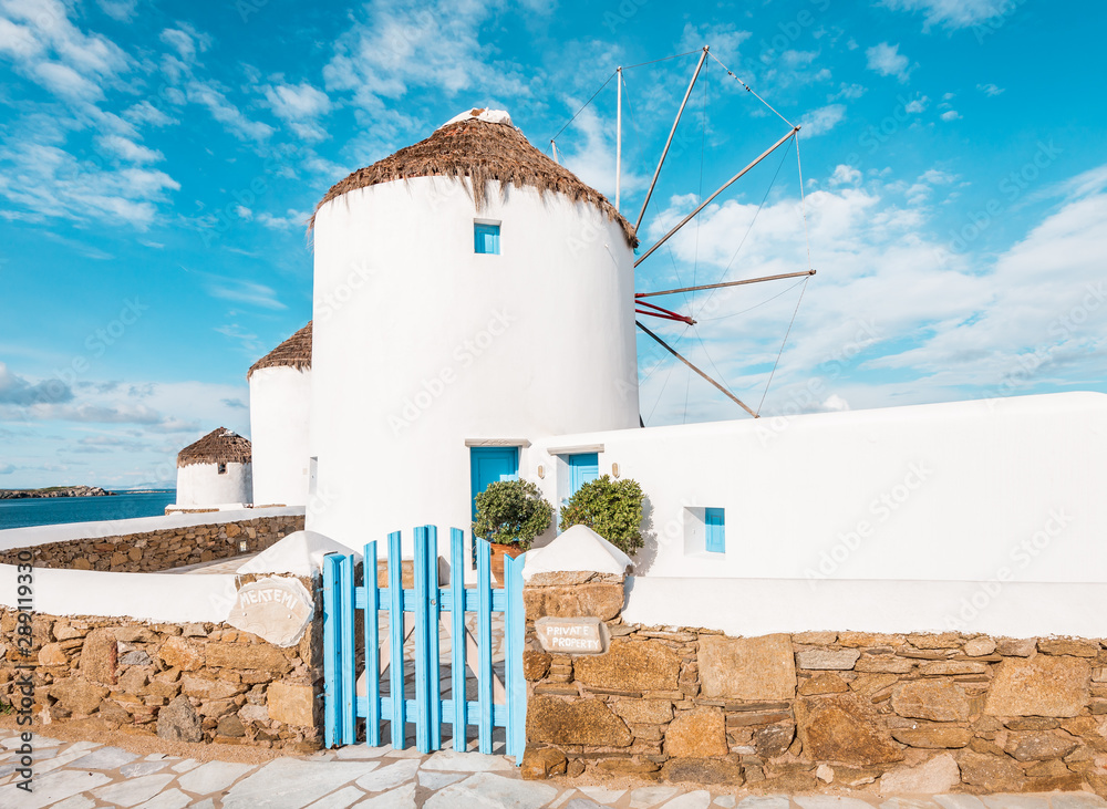 The white windmills of Mykonos Island, Kato Mili close to Little Venice, Cyclades, Greece