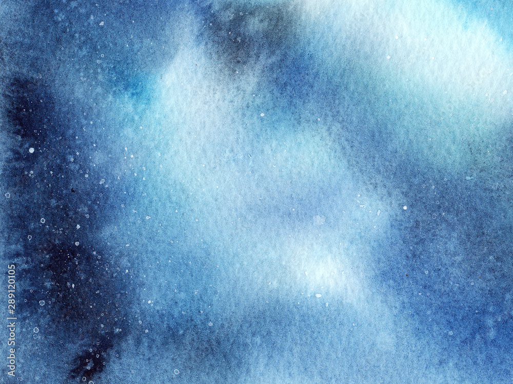Hand painted abstract Watercolor Wet turquoise Outer space and stars Background with stains.