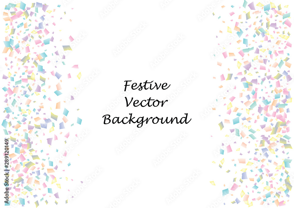 Festive color rectangle confetti background. Abstract frame confetti texture for holiday, postcard, poster, website, carnival, birthday, children's parties. Cover confetti mock-up. Wedding card layout