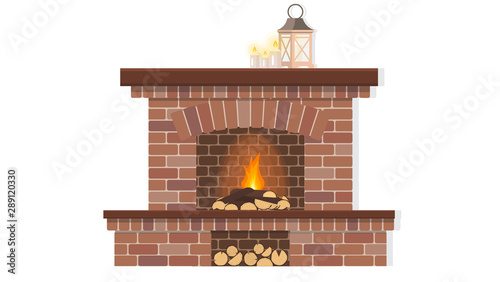 Red brick fireplace with firewood and fire. The element of the interior living room. Vector illustration.
