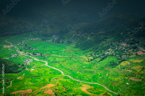 Aerial view on the rice fields of Tu Le valley, between Nghia Lo and Mu Cang Chai. Abstract lines of rice fields. 