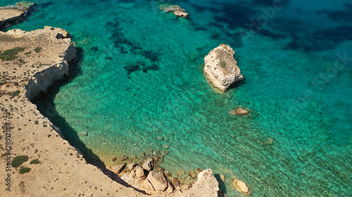 Fototapeta Naklejka Na Ścianę i Meble -  Aerial drone photo of tropical exotic white rock secluded rocky bay with turquoise sea