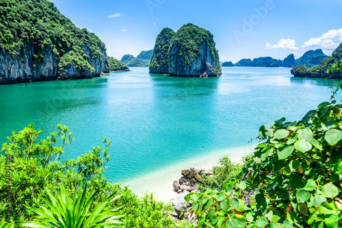 Fotografie, Obraz Bai tu long bay (Halong bay) rock karst formations in the sea, Vietnam landscape
