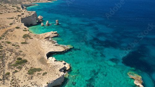 Aerial drone photo of tropical exotic white rock secluded rocky bay with turquoise sea