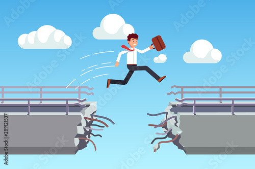 Business man jumping over broken bridge. Metaphor of overcoming fears and obstacles