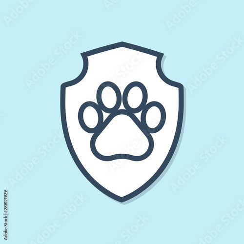 Blue line Animal health insurance icon isolated on blue background. Pet protection icon. Dog or cat paw print. Vector Illustration