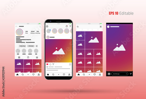Set social media application screen mock up. Photo frame design app post template.