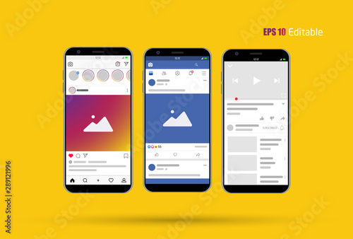 Modern Social Media new feed, post and home page mockup with smartphone and editable background Vector.