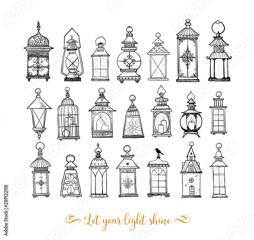 Set of vintage lanterns on white background.