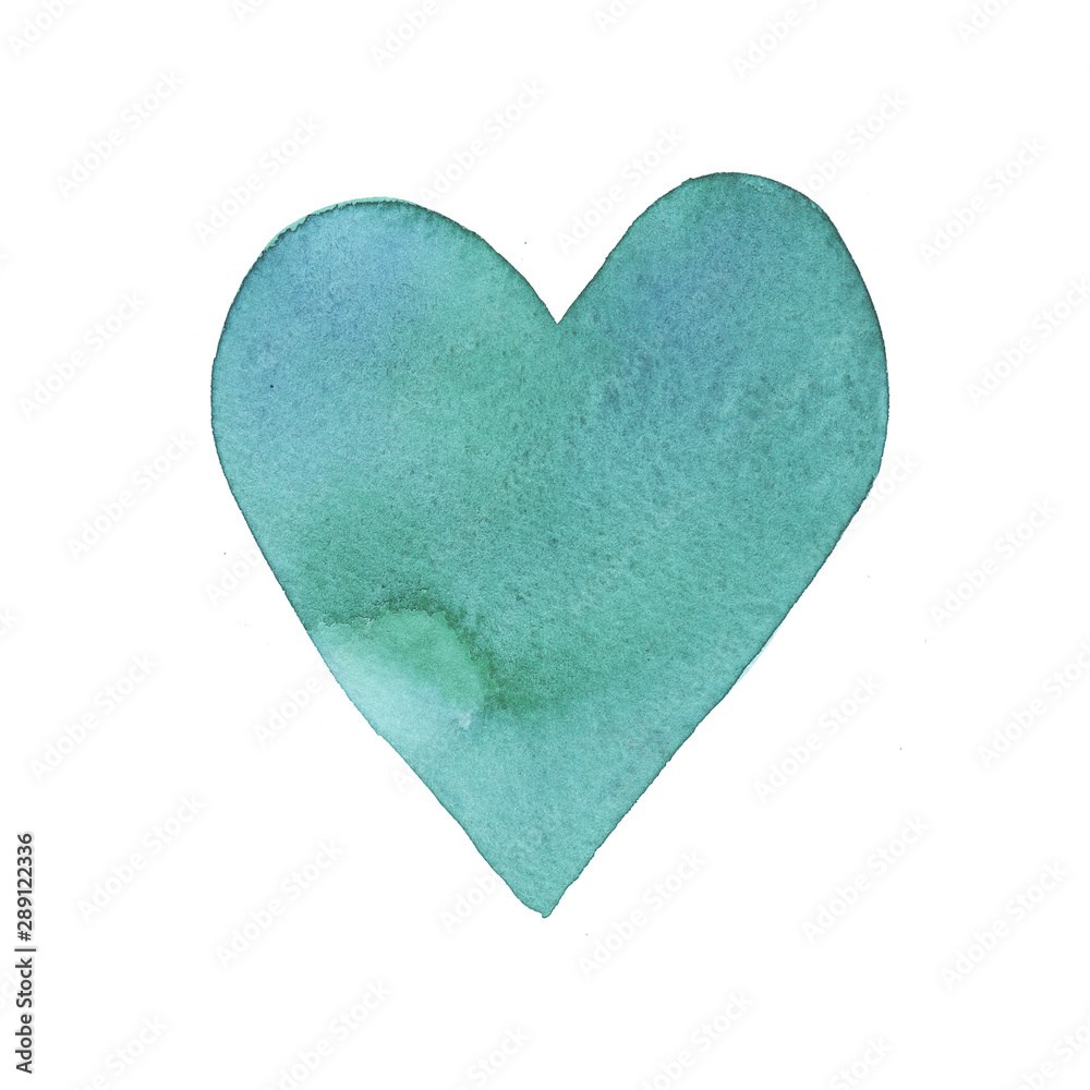Hand painted abstract Watercolor Wet turquoise and blue heart isolated on white background.
